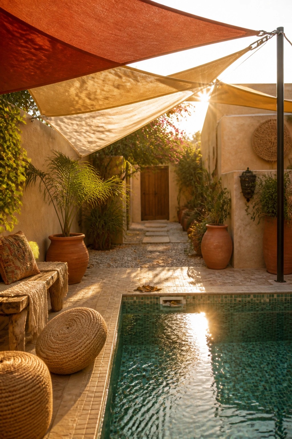 22 Stunning Pool Shade Ideas for Cooler and More Comfortable Pool Days A rectangular swimming pool shaded by several overlapping fabric sails in warm orange and beige tones, with potted plants and woven seating along the tiled edge.
