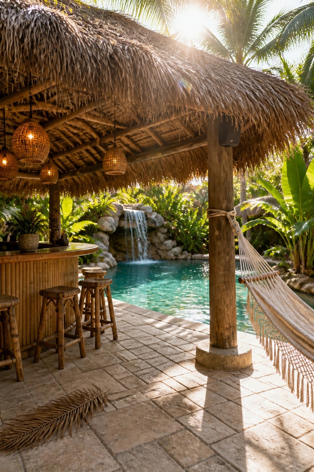 22 Stunning Pool Shade Ideas for Cooler and More Comfortable Pool Days A thatched roof shades a bamboo bar with stools and a hammock next to a swimming pool with a waterfall.