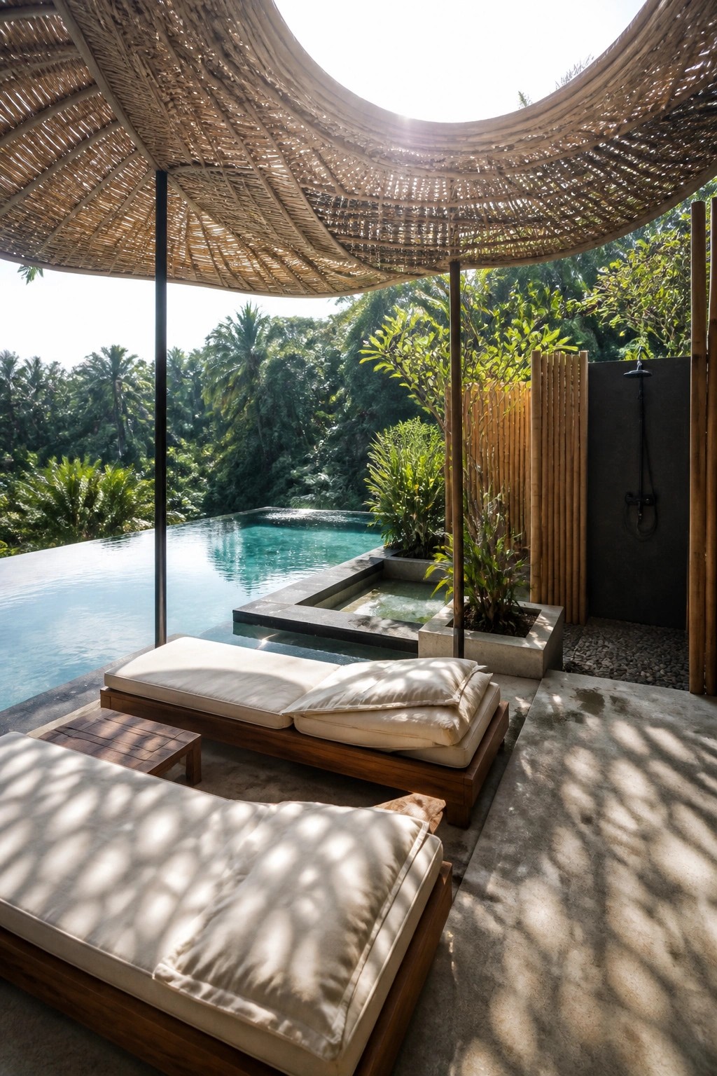 22 Stunning Pool Shade Ideas for Cooler and More Comfortable Pool Days An outdoor pool deck with two wooden lounge chairs under a large circular woven bamboo shade structure next to an infinity pool and tropical plants.