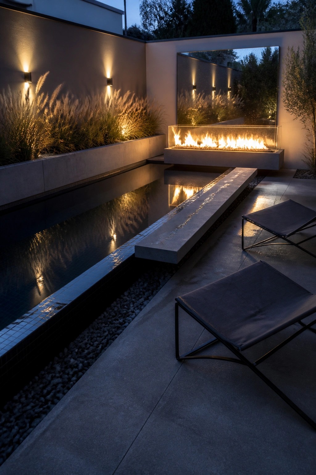 20 Stunning Small Pool Ideas to Turn Any Backyard Into a Relaxing Retreat Modern patio with reflecting pool, fire pit, lounge chairs, and wall lights at dusk.