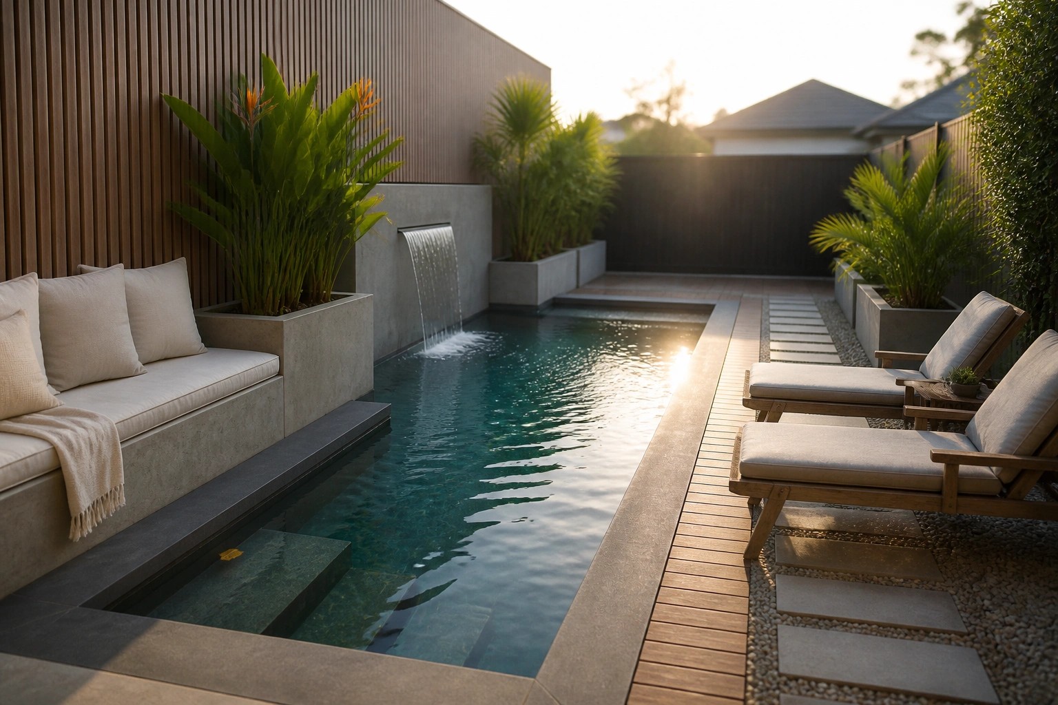 A long narrow pool with dark water runs alongside a wooden deck, with built-in concrete seating and cushions on the left and a small waterfall at the far end.