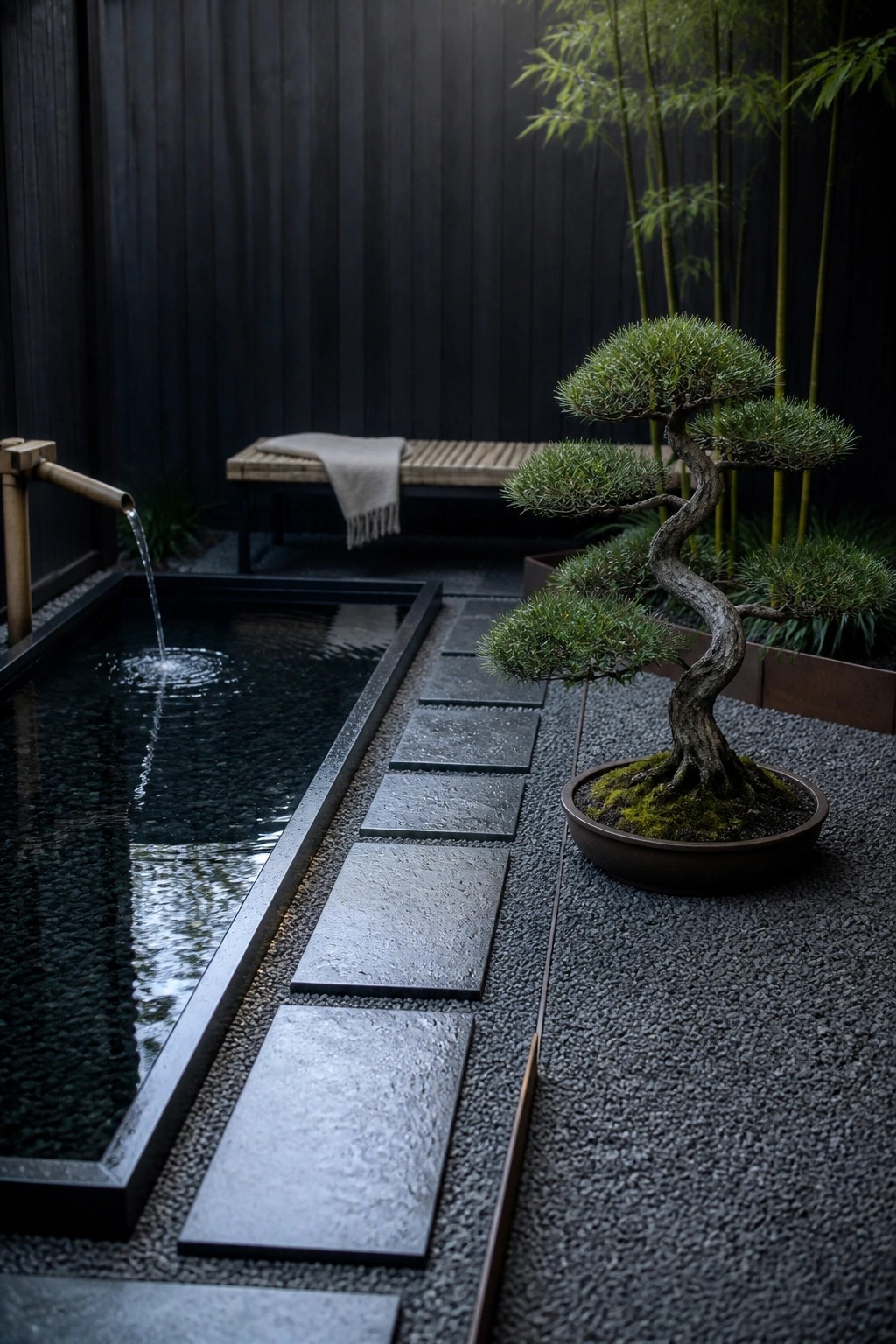 20 Stunning Small Pool Ideas to Turn Any Backyard Into a Relaxing Retreat A narrow rectangular pool with a bamboo spout, large gray stepping stones set in gravel, and a potted bonsai tree in a dark outdoor space.