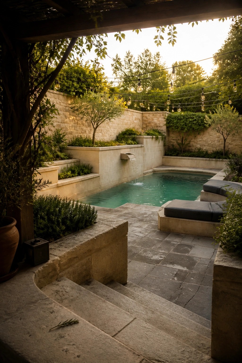 20 Stunning Small Pool Ideas to Turn Any Backyard Into a Relaxing Retreat A small rectangular pool set into a stone patio with built-in seating, a water spout on the wall, and string lights hung overhead.