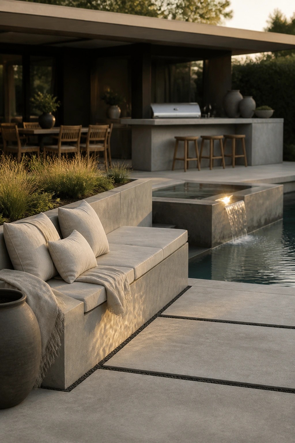 A long built-in concrete bench with beige cushions sits beside a pool with a small waterfall feature, next to an outdoor kitchen area.