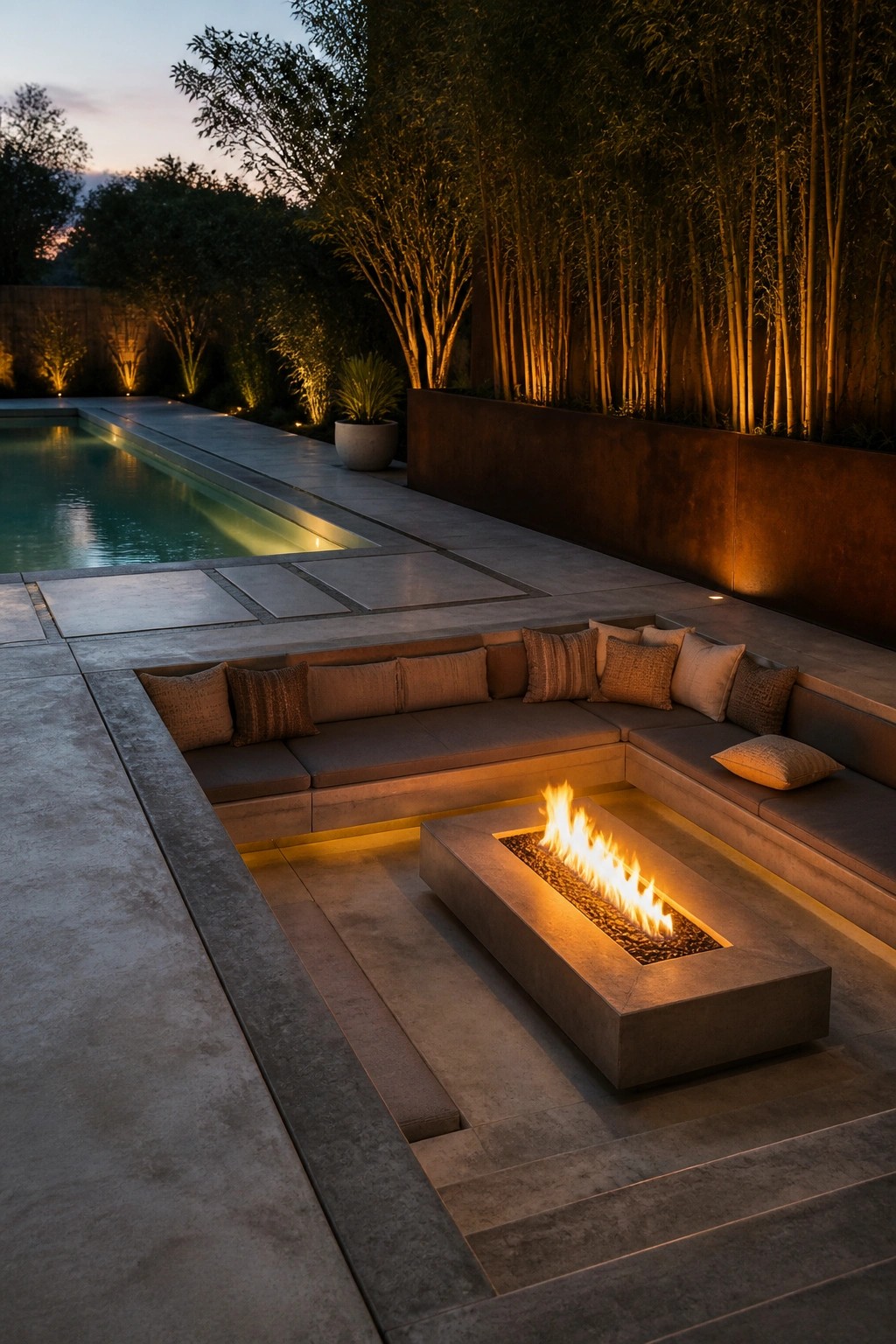 A rectangular concrete fire pit with flames sits in the center of built-in cushioned seating on a stone patio beside a swimming pool, with tall bamboo in the background at dusk.