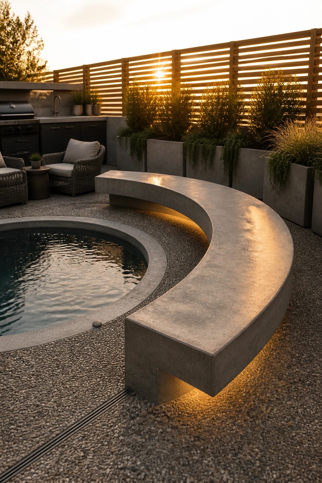 A curved concrete bench wraps around the edge of a round pool on a gravel patio, with built-in lighting under the bench and planters visible in the background.