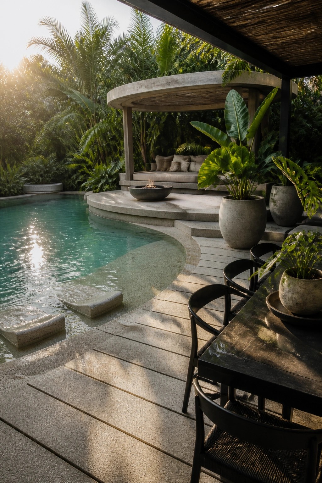 A curved pool with concrete steps leads to a round concrete pavilion with built-in seating, a fire bowl, and large potted plants beside a wooden dining table.
