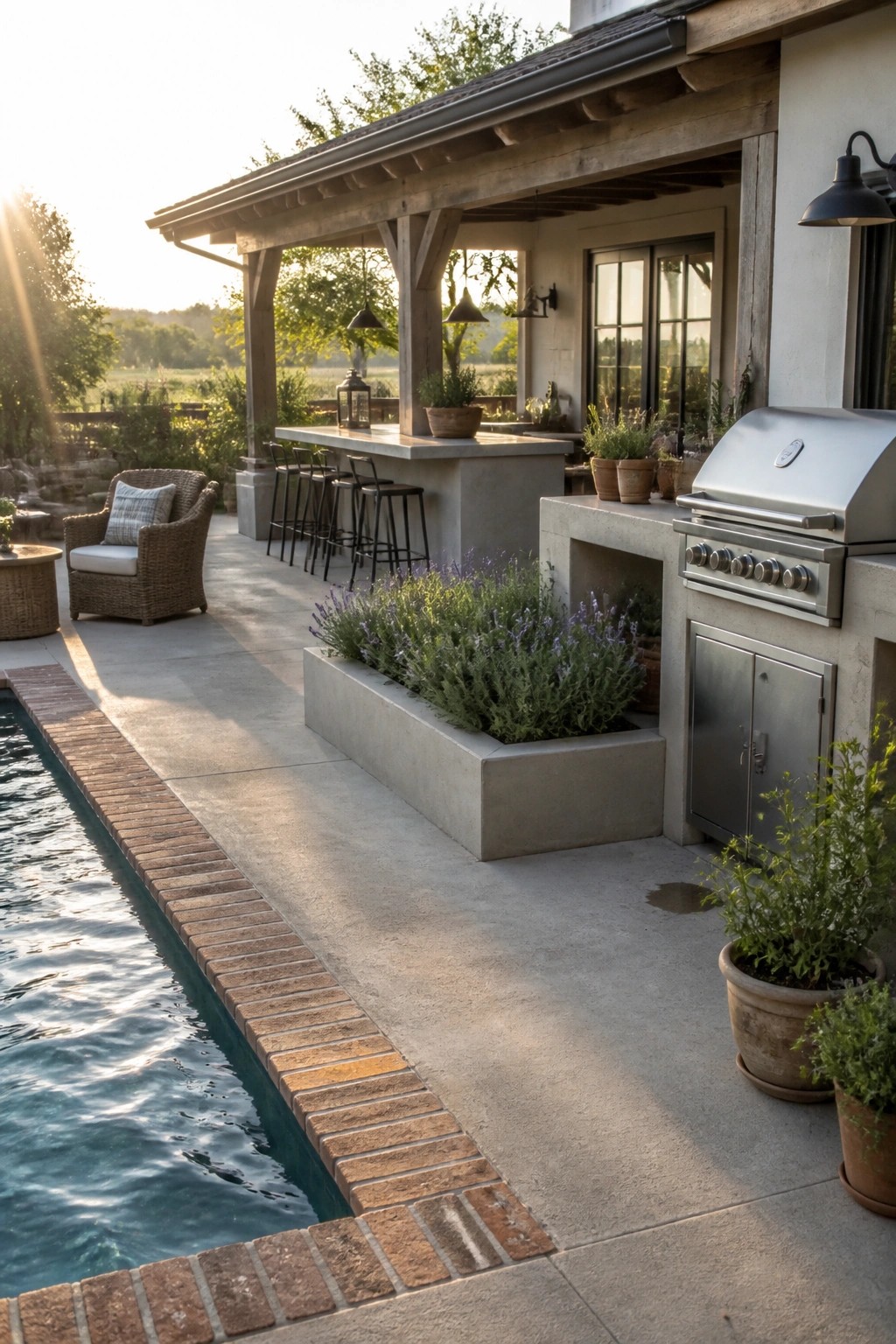 A concrete outdoor bar with bar stools and integrated planters sits on a pool patio next to a stainless steel grill.