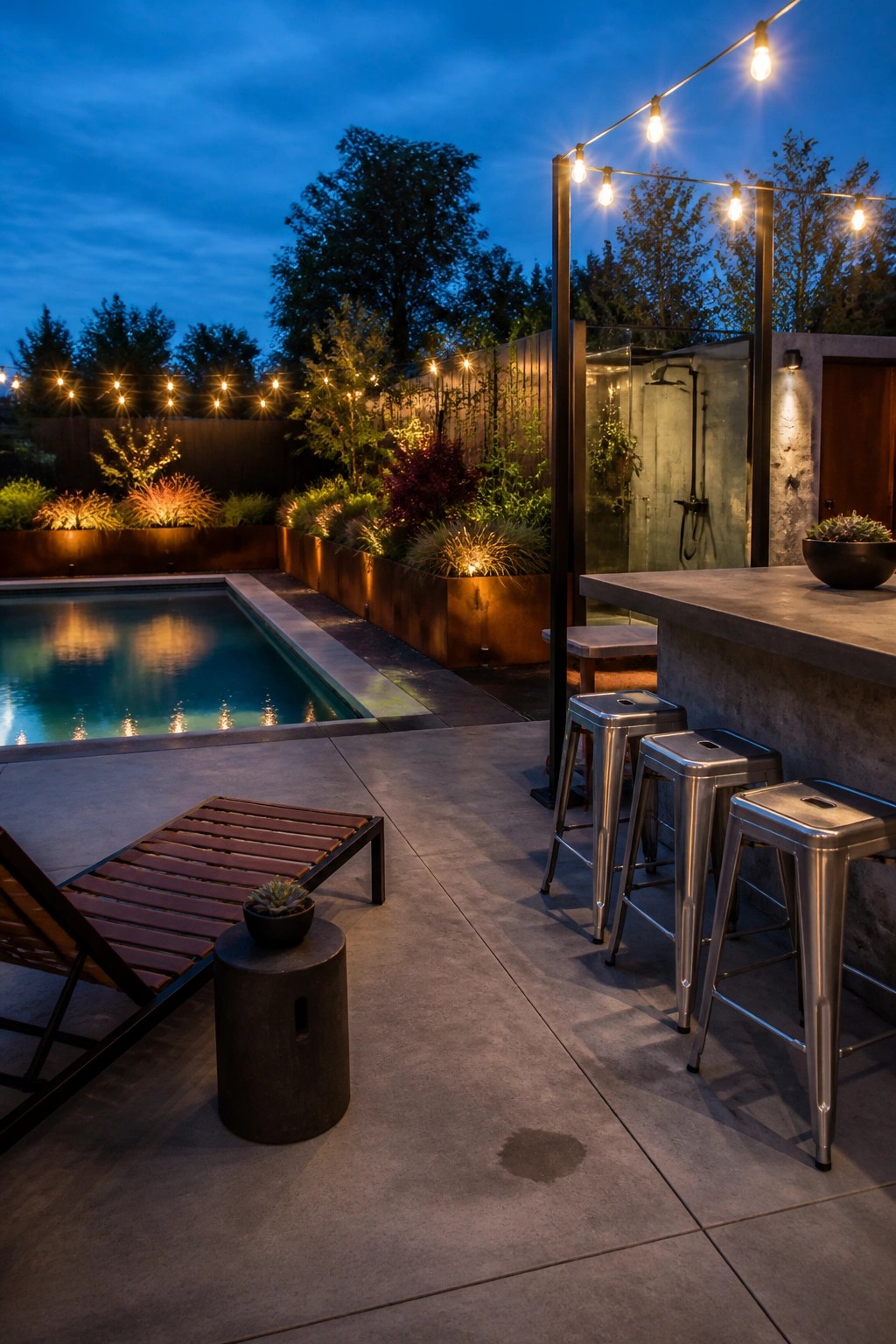 A concrete pool patio at dusk featuring a built-in bar counter with metal stools, a rectangular pool, lounge chair, and string lights overhead.