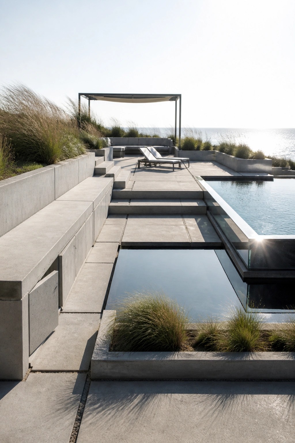 Modern concrete terrace with reflecting pool, lounge chair, and ocean view.