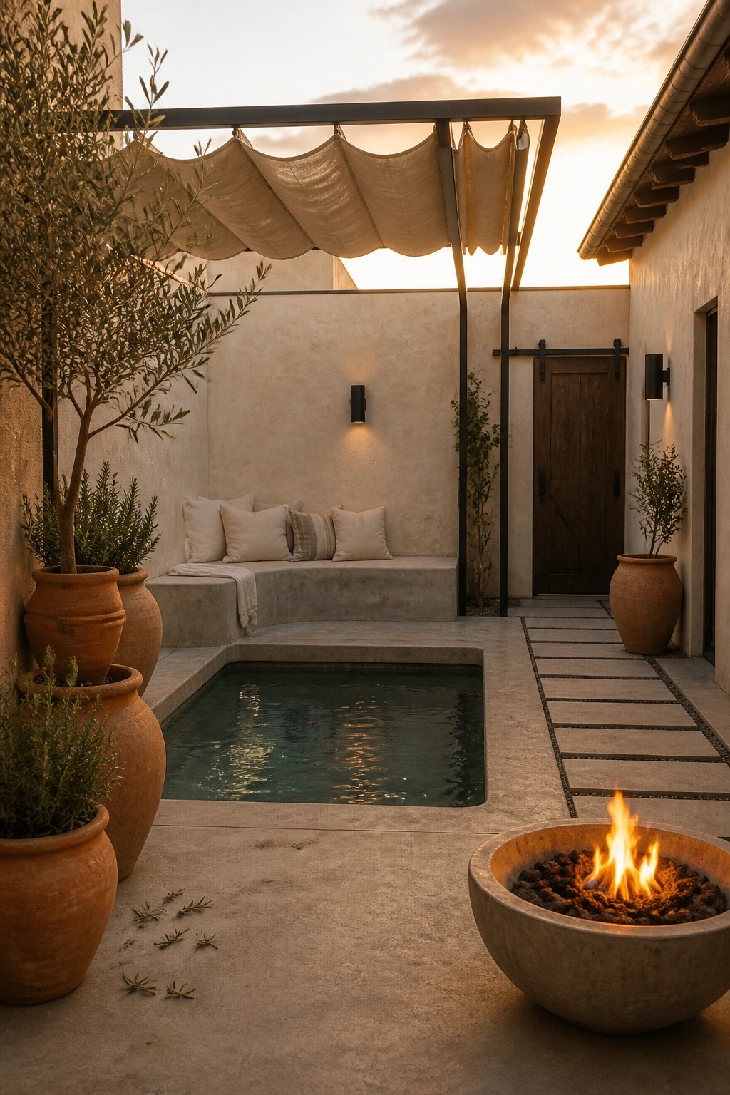 A small rectangular concrete pool with built-in bench seating, terracotta pots, a fire pit, and a fabric shade overhead at sunset.