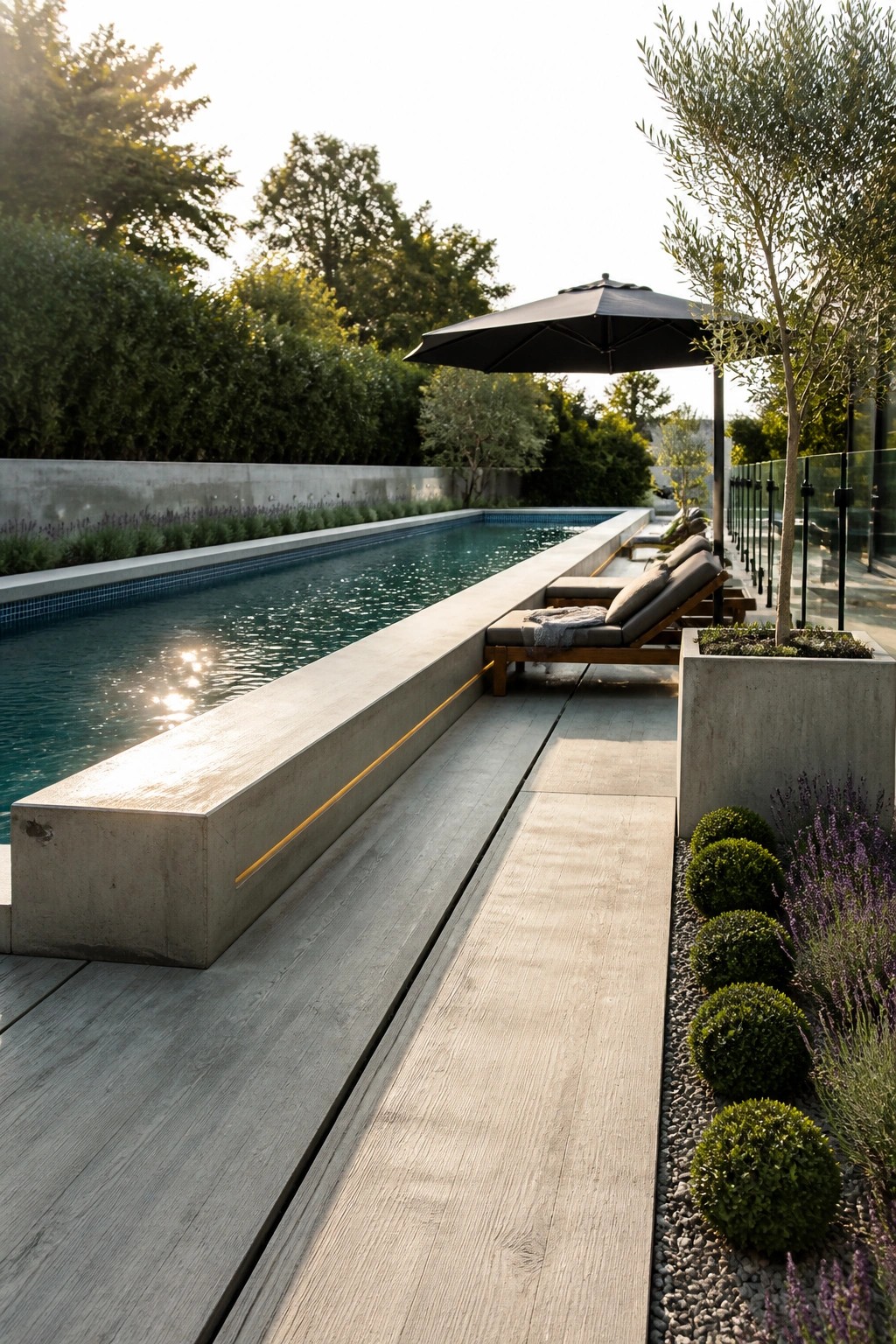 A rectangular pool bordered by wide concrete coping, with a wooden deck path, gray lounge chairs under a black umbrella, and concrete planters with round shrubs.