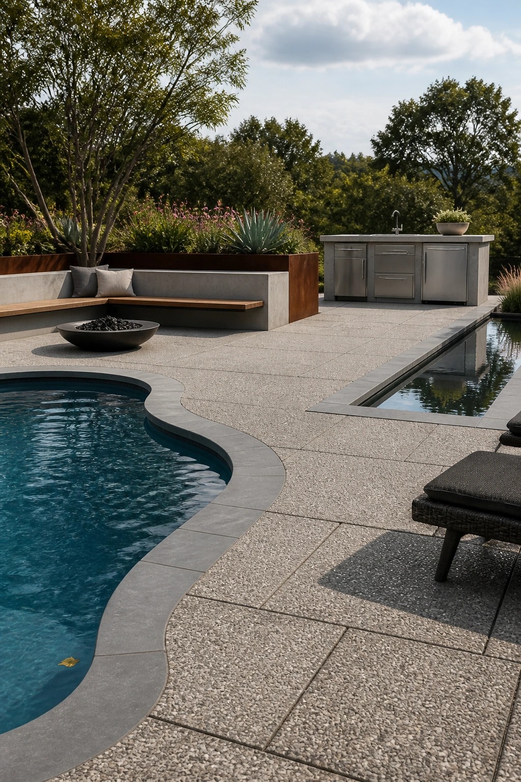 A backyard pool patio made of large gray concrete pavers with a curved pool edge, built-in bench, fire bowl, outdoor kitchen, and lounge chair.