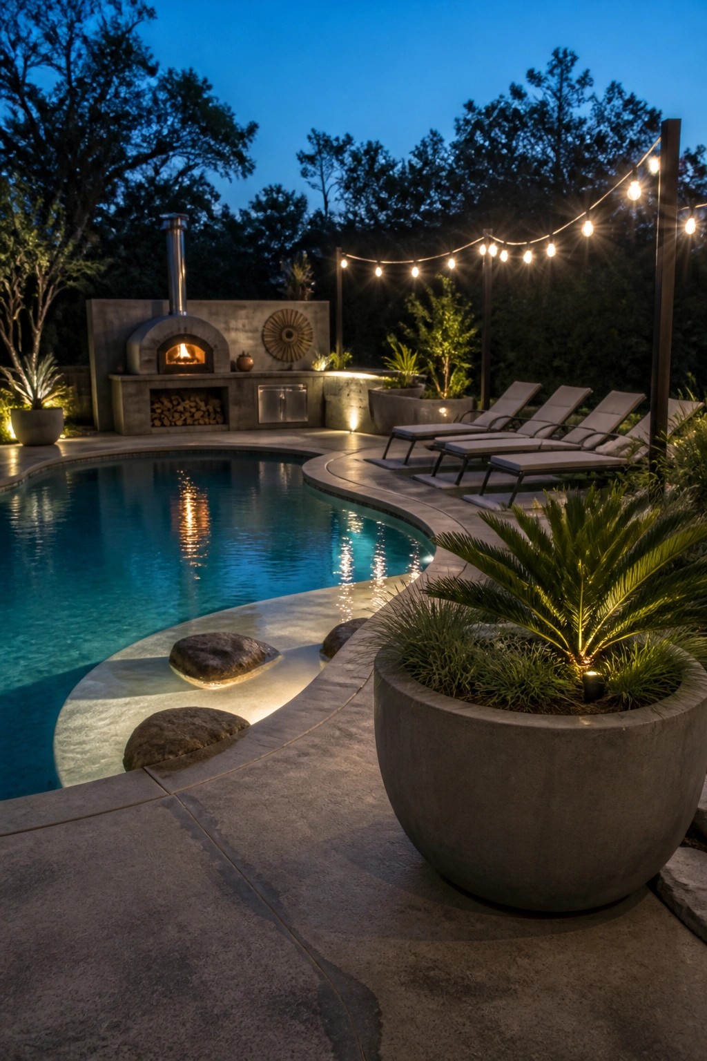 A curved concrete pool patio at dusk with lounge chairs, an outdoor oven, string lights, and potted plants.