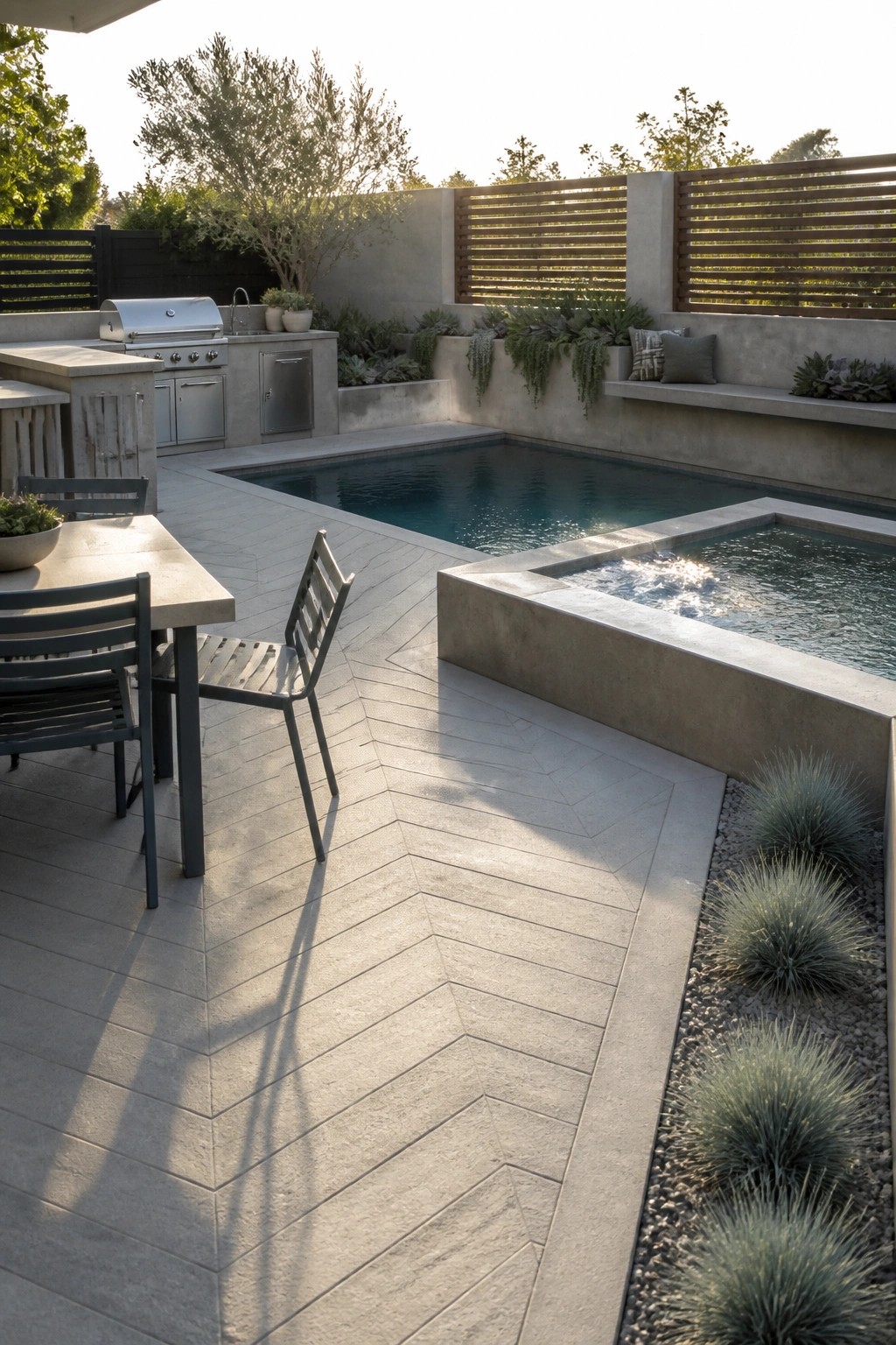 An outdoor pool patio with herringbone concrete paving, an integrated outdoor kitchen, dining table and chairs, built-in bench seating, and a raised spa area.
