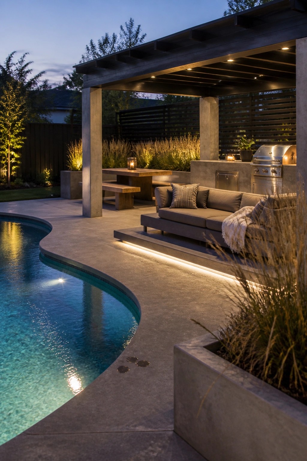 A curved concrete pool patio at dusk with a gray outdoor sofa, dining table, and grill under a dark pergola, surrounded by concrete planters and landscaping.