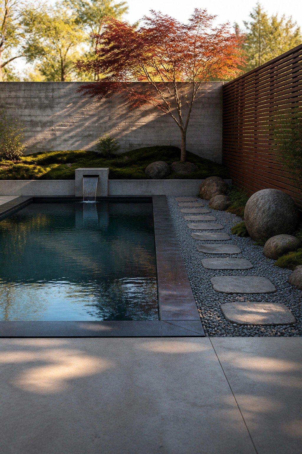 Rectangular concrete pool with built-in waterfall feature next to a gravel path lined with stepping stones and large rocks.