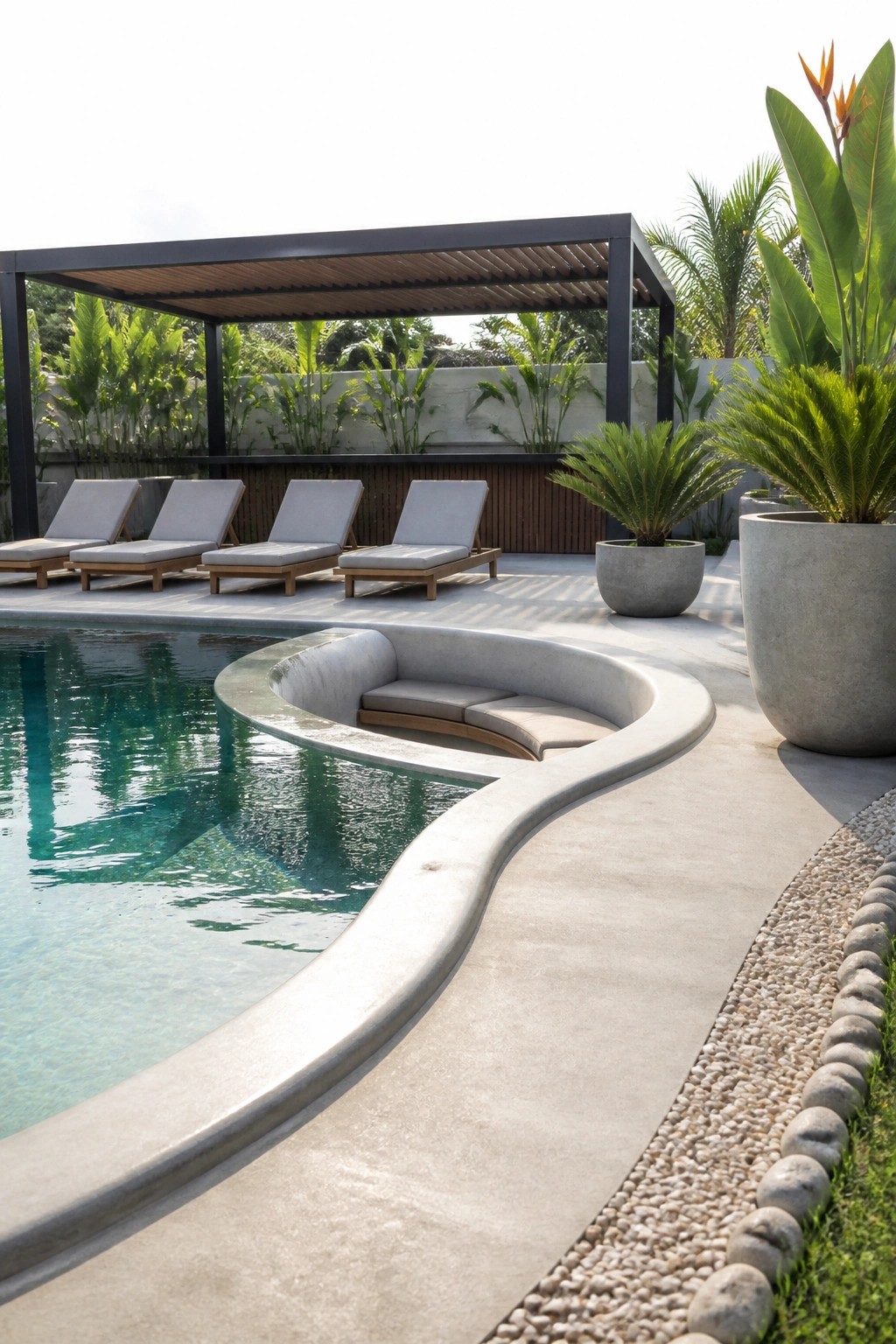 Modern pool with curved concrete seating, lounge chairs under pergola, tropical planters.