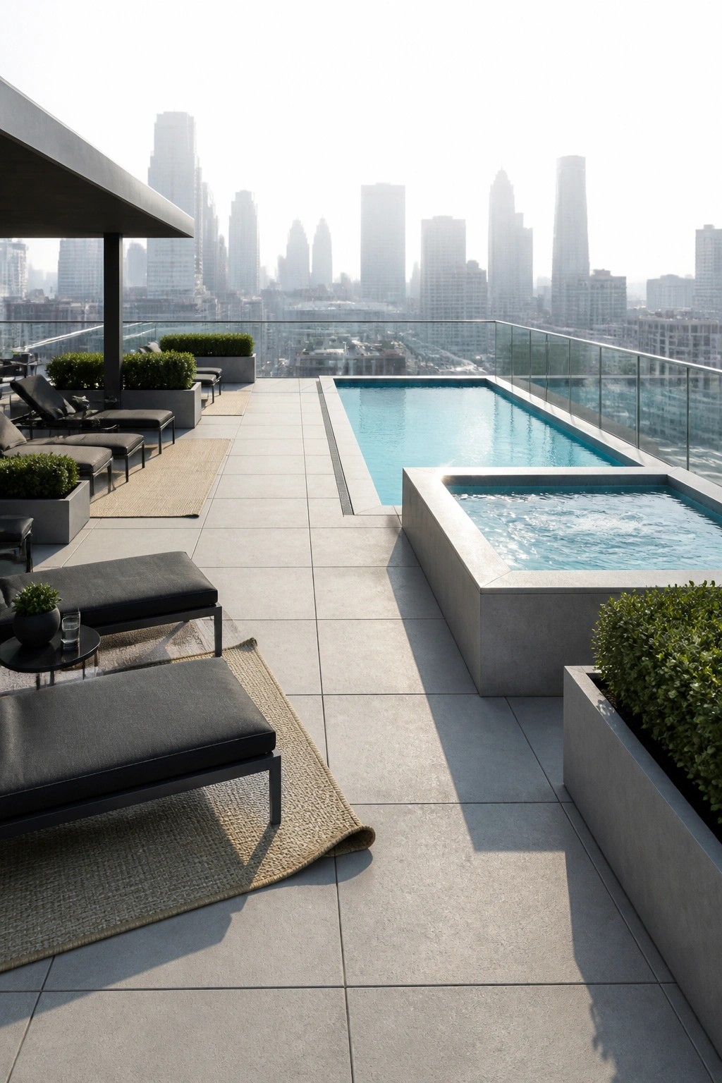A rooftop terrace with a long rectangular pool and a smaller square spa, both set in concrete, surrounded by gray pavers, lounge chairs on rugs, and city views in the background.