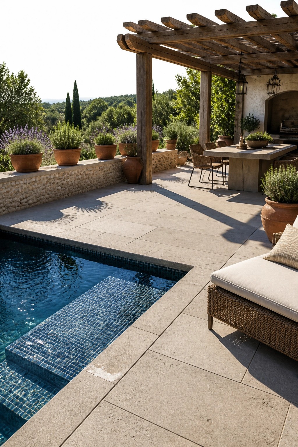 A pool patio with large light-colored concrete pavers, a rectangular pool with blue mosaic tiling, a wooden pergola overhead, and terracotta pots along a low stone wall.