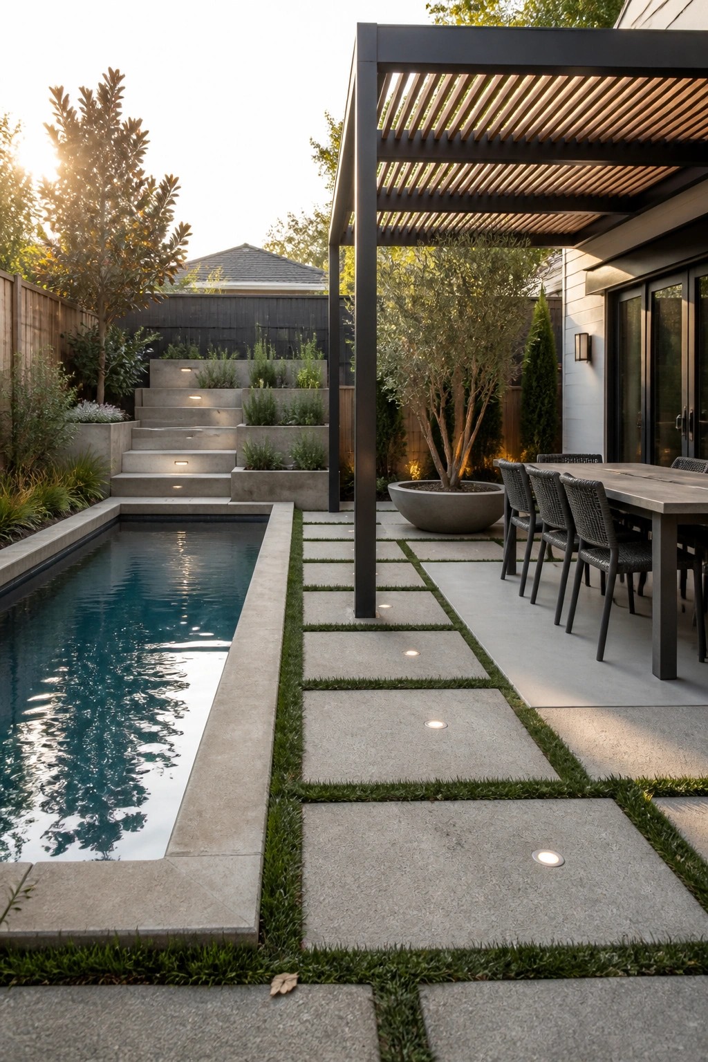 A backyard pool patio with rectangular concrete pavers arranged in a grid separated by grass strips, a long pool on the left, and an outdoor dining table under a pergola on the right.