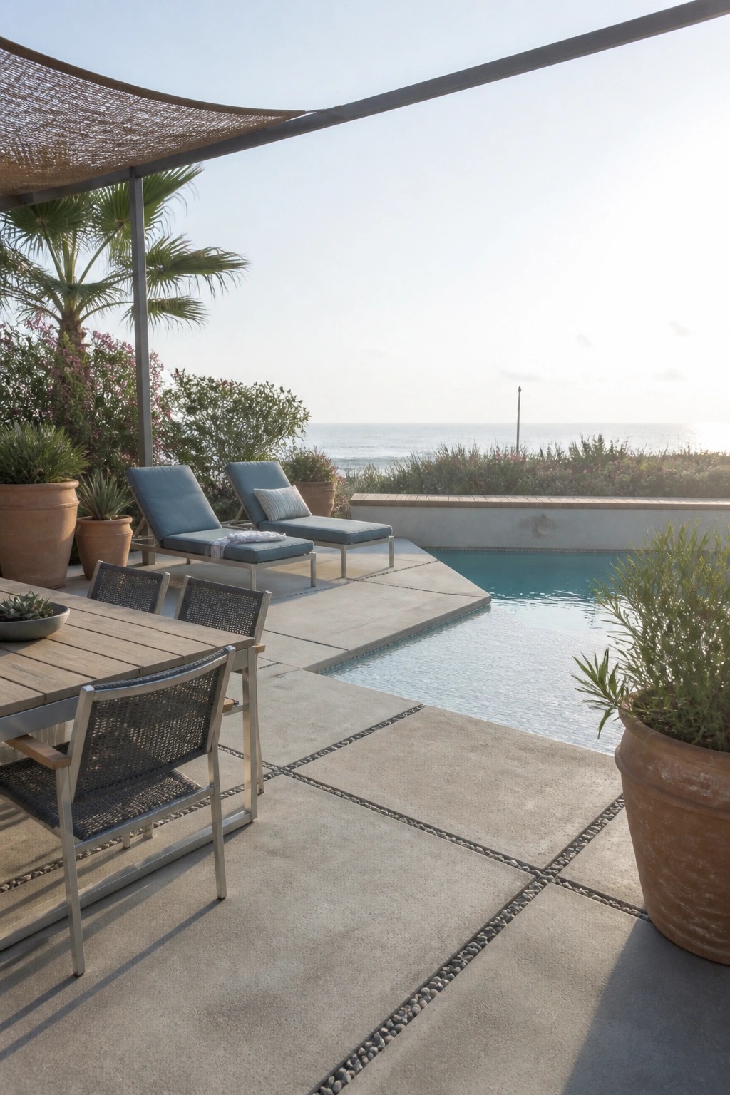 A concrete pool patio with lounge chairs, a dining table, and a swimming pool overlooking the ocean.