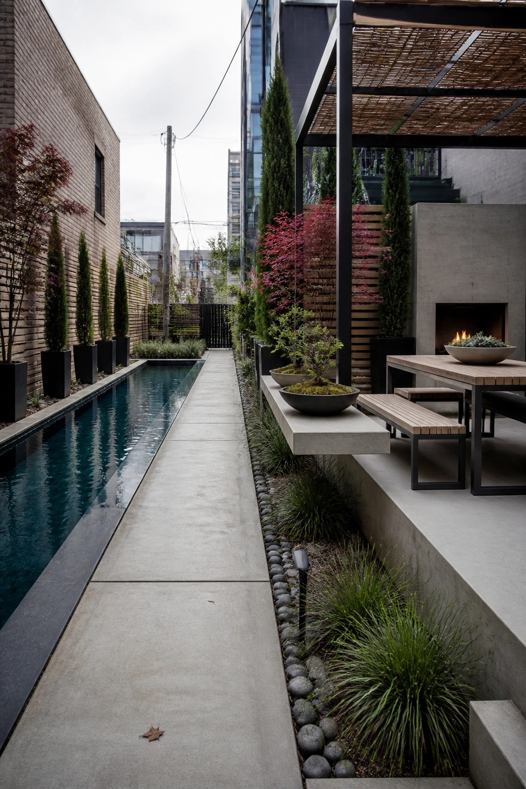 A narrow rectangular pool with dark water runs parallel to a light concrete path in an outdoor courtyard, bordered by tall potted trees, a built-in concrete bench, and a seating area with a fire pit.