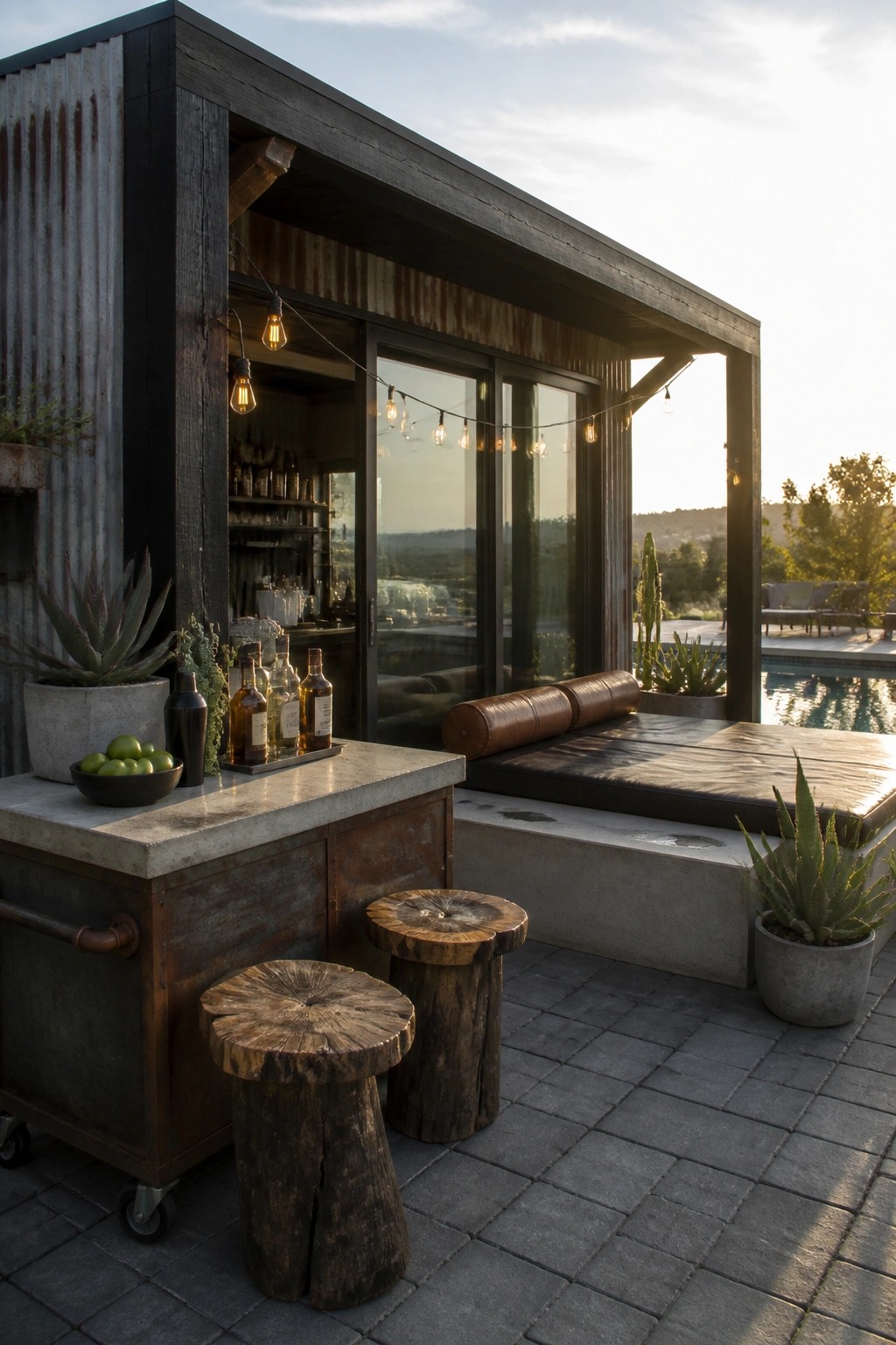 22 Beautiful Poolside Cabana Ideas That Add Shade, Comfort, and Style Outdoor cabana area with a rusted metal bar cart on wheels, two tree stump stools, and a lounge bench beside a pool.