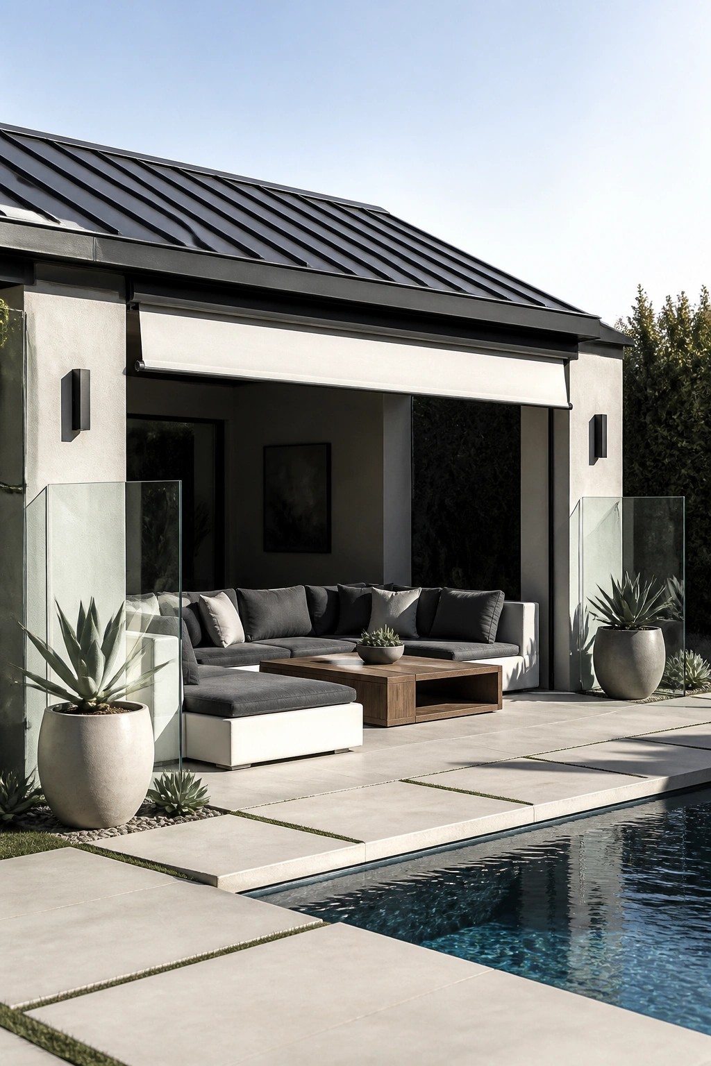 22 Beautiful Poolside Cabana Ideas That Add Shade, Comfort, and Style Modern patio with gray sectional sofa and wooden table beside pool