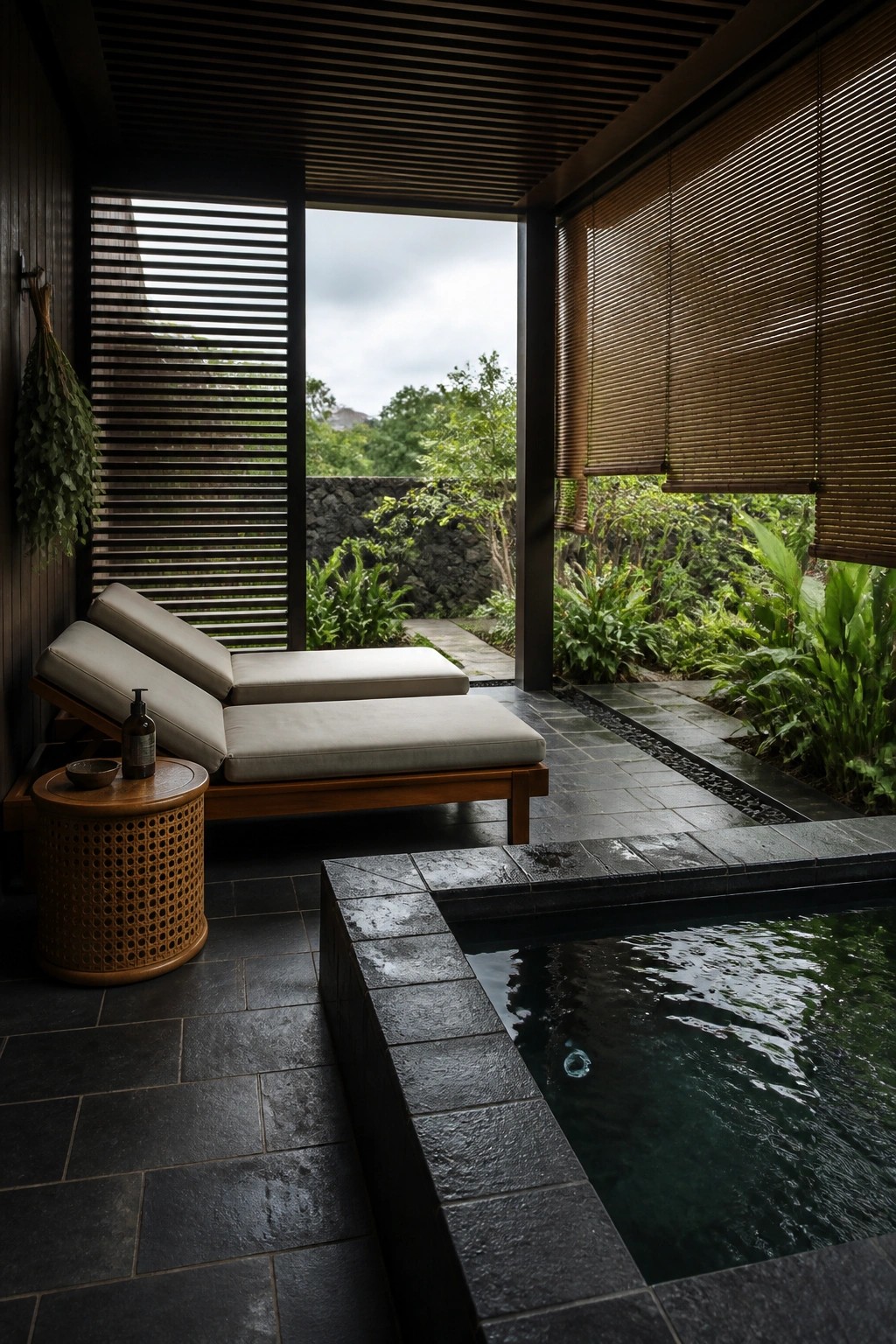 22 Beautiful Poolside Cabana Ideas That Add Shade, Comfort, and Style An outdoor poolside cabana with two lounge chairs, a round side table, and bamboo blinds on the right side next to a small plunge pool and garden plants.