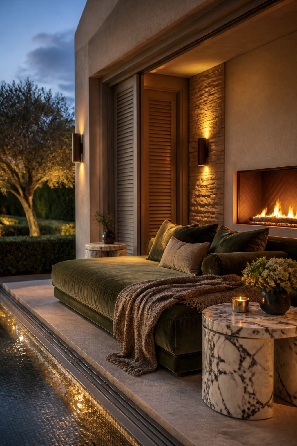 22 Beautiful Poolside Cabana Ideas That Add Shade, Comfort, and Style A green upholstered daybed with pillows and a throw sits on a stone patio beside a lit fireplace, with a small pool visible in the foreground.