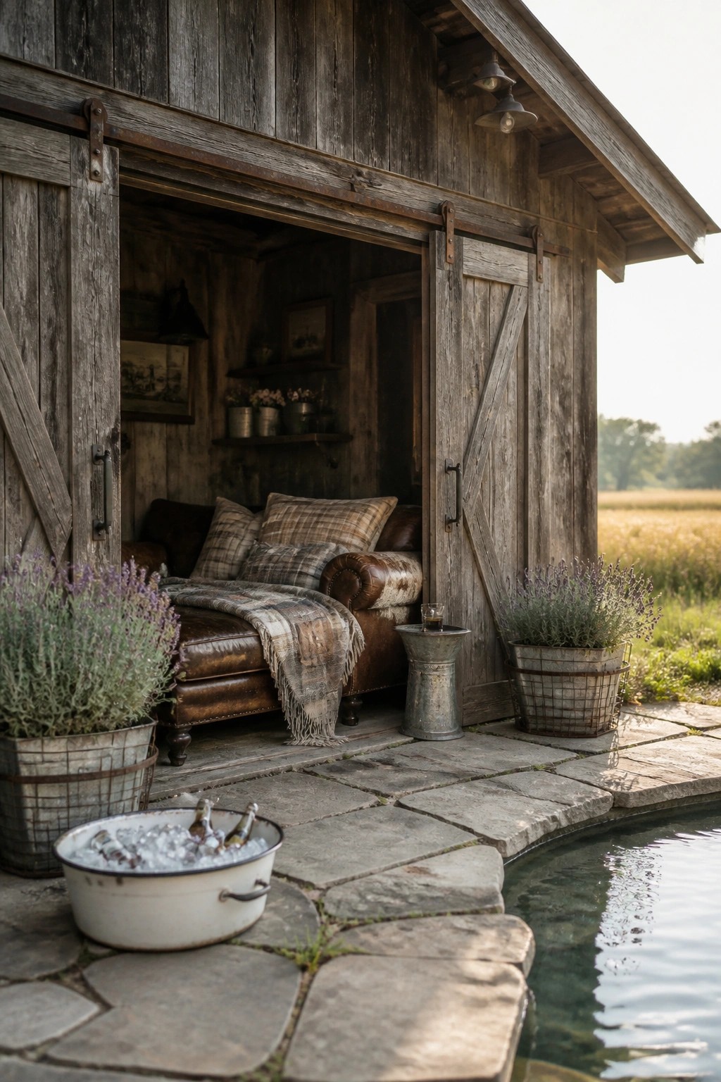 22 Beautiful Poolside Cabana Ideas That Add Shade, Comfort, and Style A rustic wooden structure with large sliding barn doors partially open, revealing a brown leather sofa with plaid pillows and blankets inside, potted lavender plants on a stone patio beside a pool.