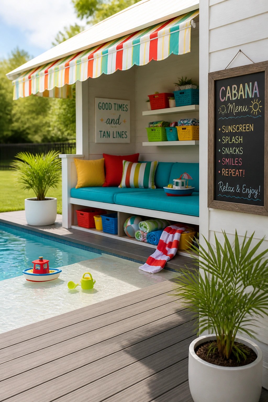 22 Beautiful Poolside Cabana Ideas That Add Shade, Comfort, and Style A white poolside cabana with a striped awning, built-in turquoise bench with pillows, open storage bins and shelves, a chalkboard menu on the wall, and toys floating in the adjacent pool.