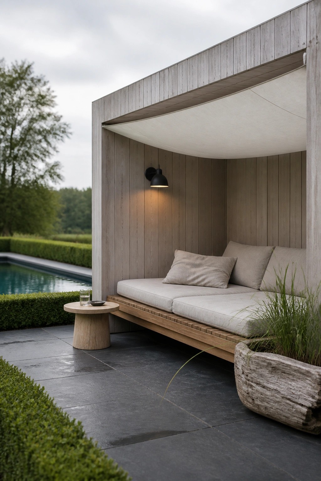 22 Beautiful Poolside Cabana Ideas That Add Shade, Comfort, and Style An outdoor wooden cabana with a built-in bench, light cushions, a curved fabric canopy, and a small round side table beside a pool.