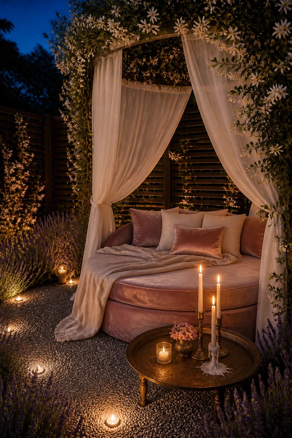 22 Beautiful Poolside Cabana Ideas That Add Shade, Comfort, and Style A round upholstered daybed with pink velvet cushions sits under a metal arch draped in white sheer curtains, surrounded by lavender plants and lit by candles at night.