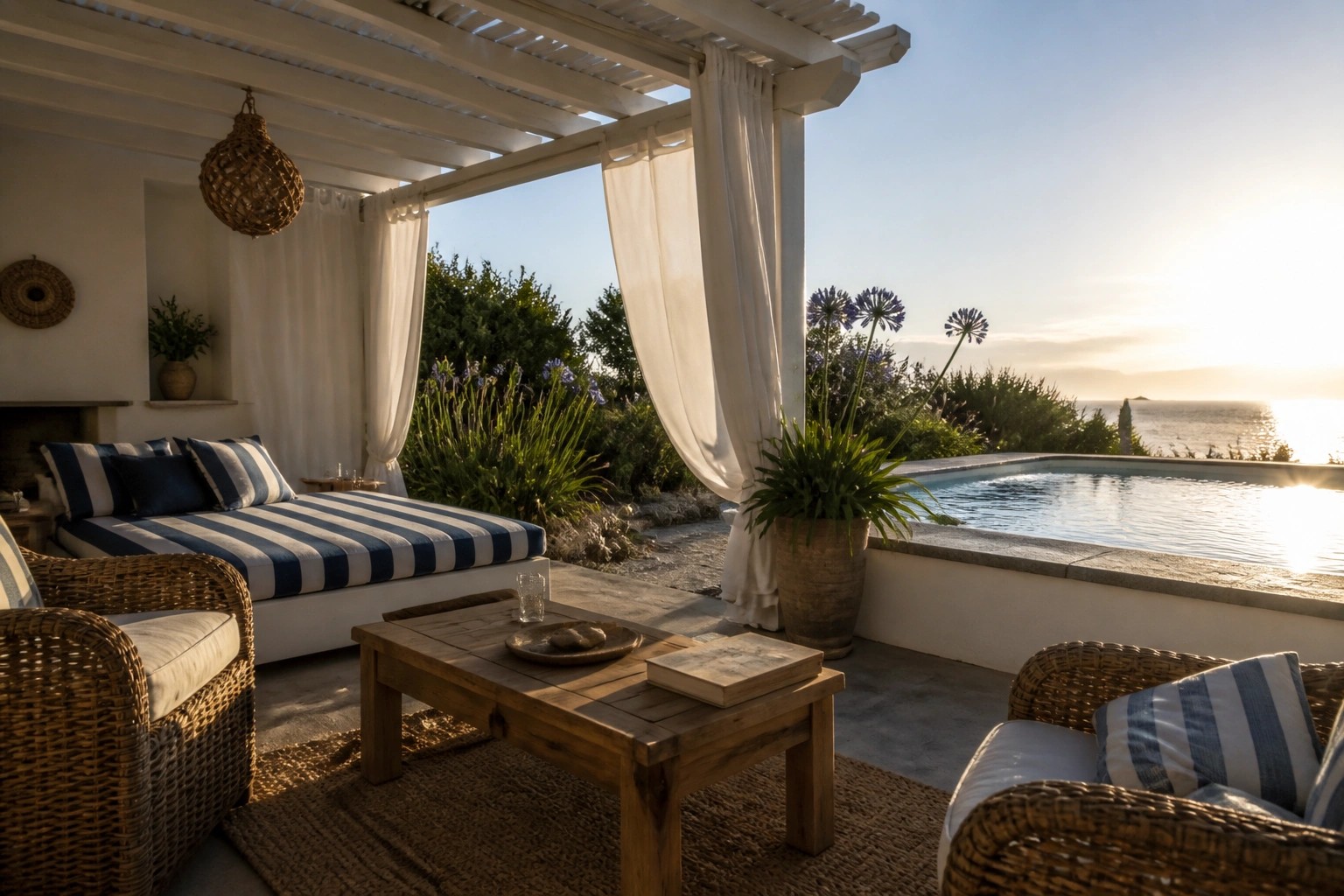 A covered poolside seating area with a striped daybed, wicker chairs, a wooden coffee table, hanging white curtains, and a view of the pool and ocean beyond.