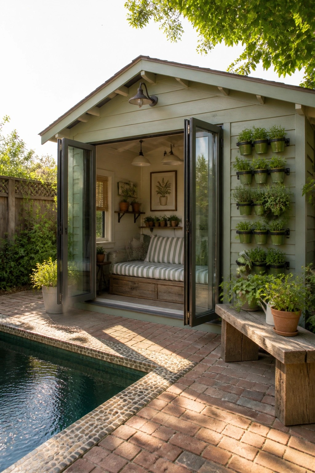 22 Beautiful Poolside Cabana Ideas That Add Shade, Comfort, and Style Light green shed with open doors, daybed, vertical plant wall beside pool on brick patio.