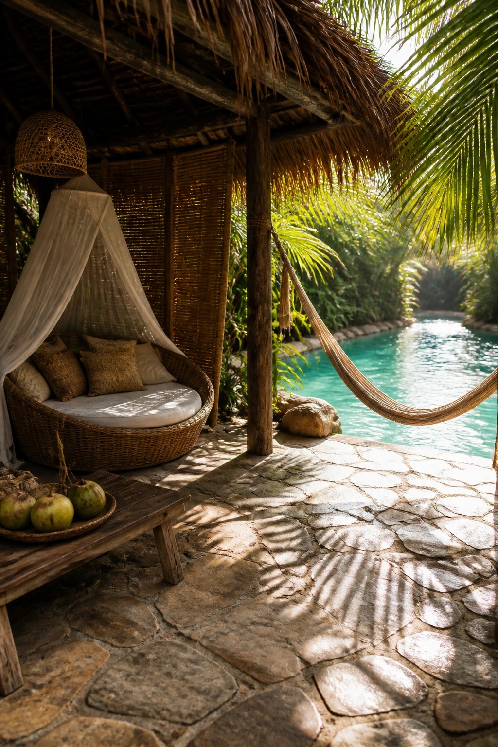 22 Beautiful Poolside Cabana Ideas That Add Shade, Comfort, and Style A thatched poolside cabana with a hanging wicker daybed under a white canopy, a hammock strung nearby, and a stone patio next to turquoise water.