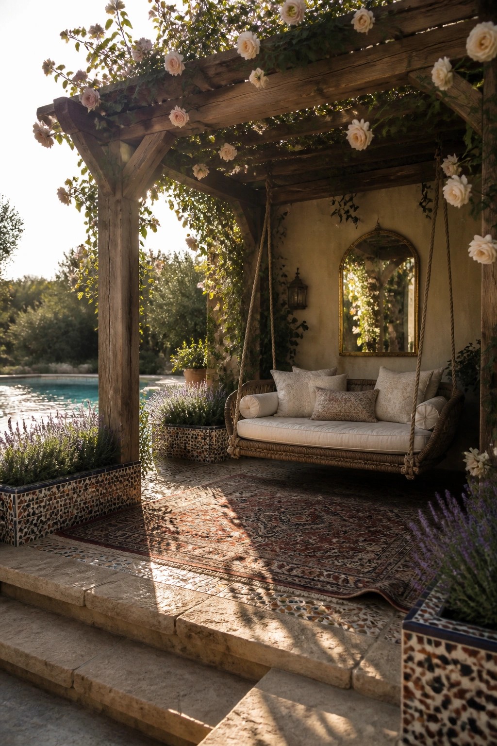 22 Beautiful Poolside Cabana Ideas That Add Shade, Comfort, and Style A wooden pergola with climbing roses holds a suspended wicker swing sofa with white cushions, set on a stone patio beside a pool with patterned rugs and lavender planters.