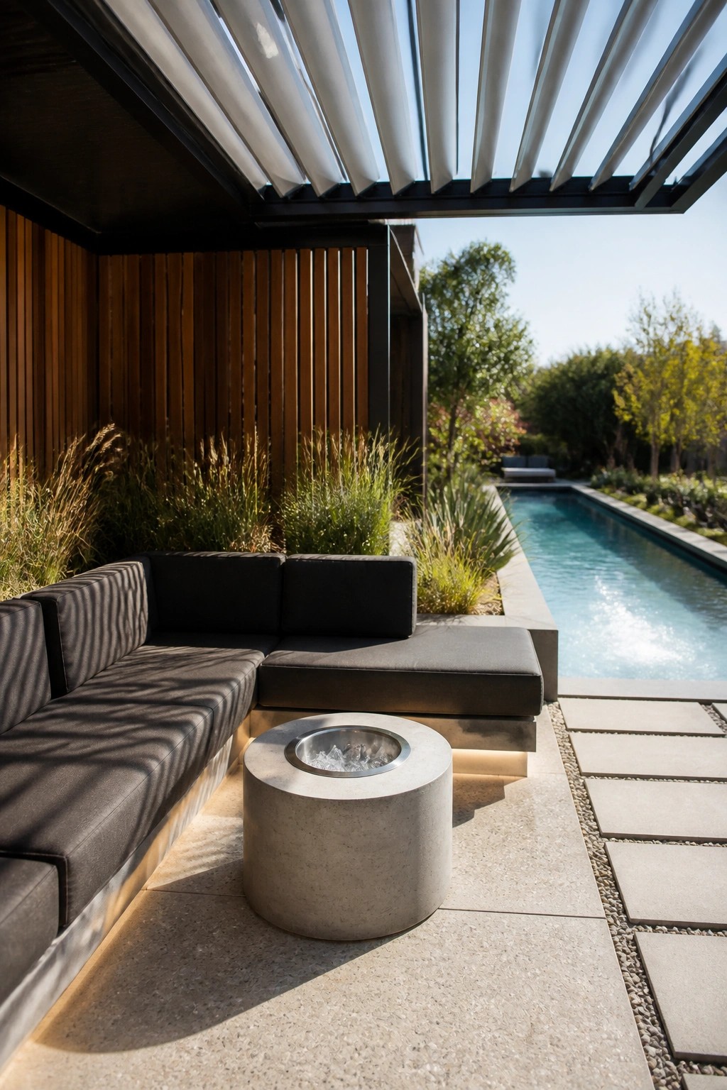 22 Beautiful Poolside Cabana Ideas That Add Shade, Comfort, and Style Outdoor lounge area with dark sectional seating and a round concrete fire pit beneath a white louvered pergola, positioned beside a long swimming pool.