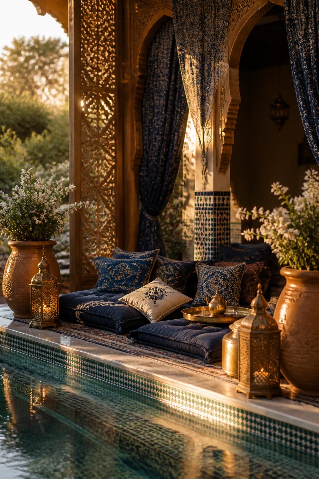 22 Beautiful Poolside Cabana Ideas That Add Shade, Comfort, and Style A poolside lounge with blue patterned cushions, brass lanterns, and potted plants arranged on a low platform next to a tiled pool under an arched wooden structure.