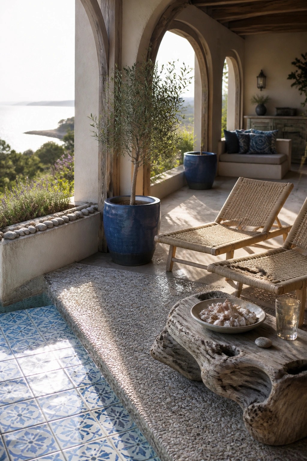 22 Beautiful Poolside Cabana Ideas That Add Shade, Comfort, and Style An outdoor covered patio with multiple arched openings, woven lounge chairs, a rustic wood table, and blue ceramic pots overlooking a body of water.