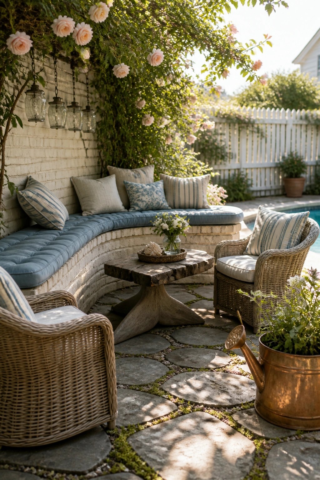 Curved built-in bench with blue cushions along a white brick wall with climbing roses, wicker chairs, a rustic wood table, and a stone patio next to a swimming pool.