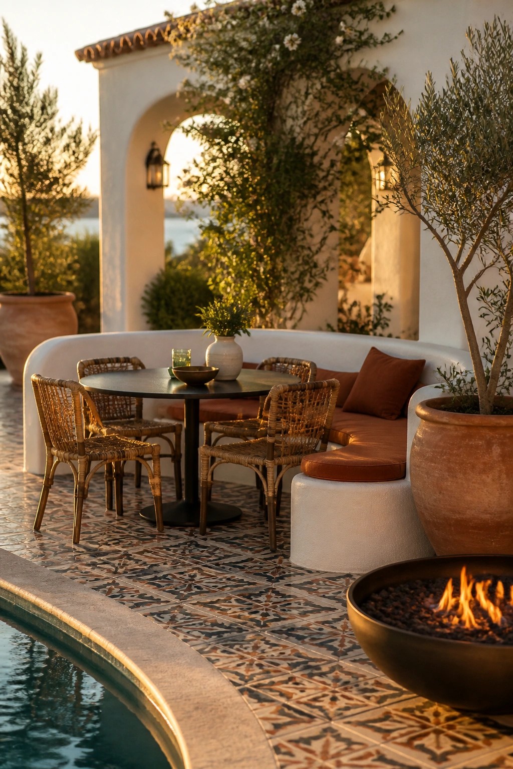 An outdoor poolside patio with a curved white built-in bench, round table, wicker chairs, terracotta cushions, fire pit, and large potted plants at sunset.