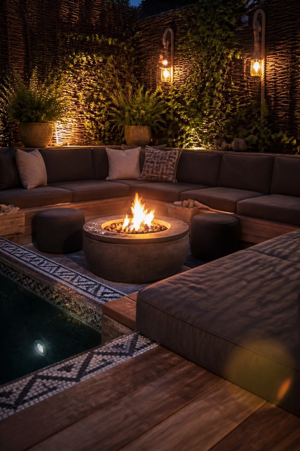 A round concrete fire pit with active flames is surrounded by a dark sectional sofa on a wooden deck next to a swimming pool at night.