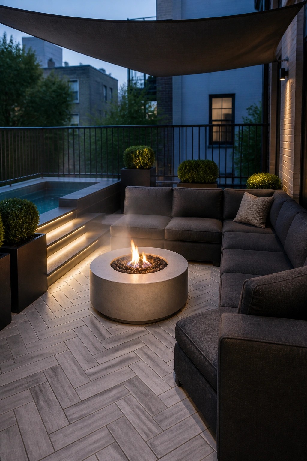 A round concrete fire pit with active flames sits on a herringbone tiled patio, surrounded by a dark gray sectional sofa, with a small pool and planters visible in the background.