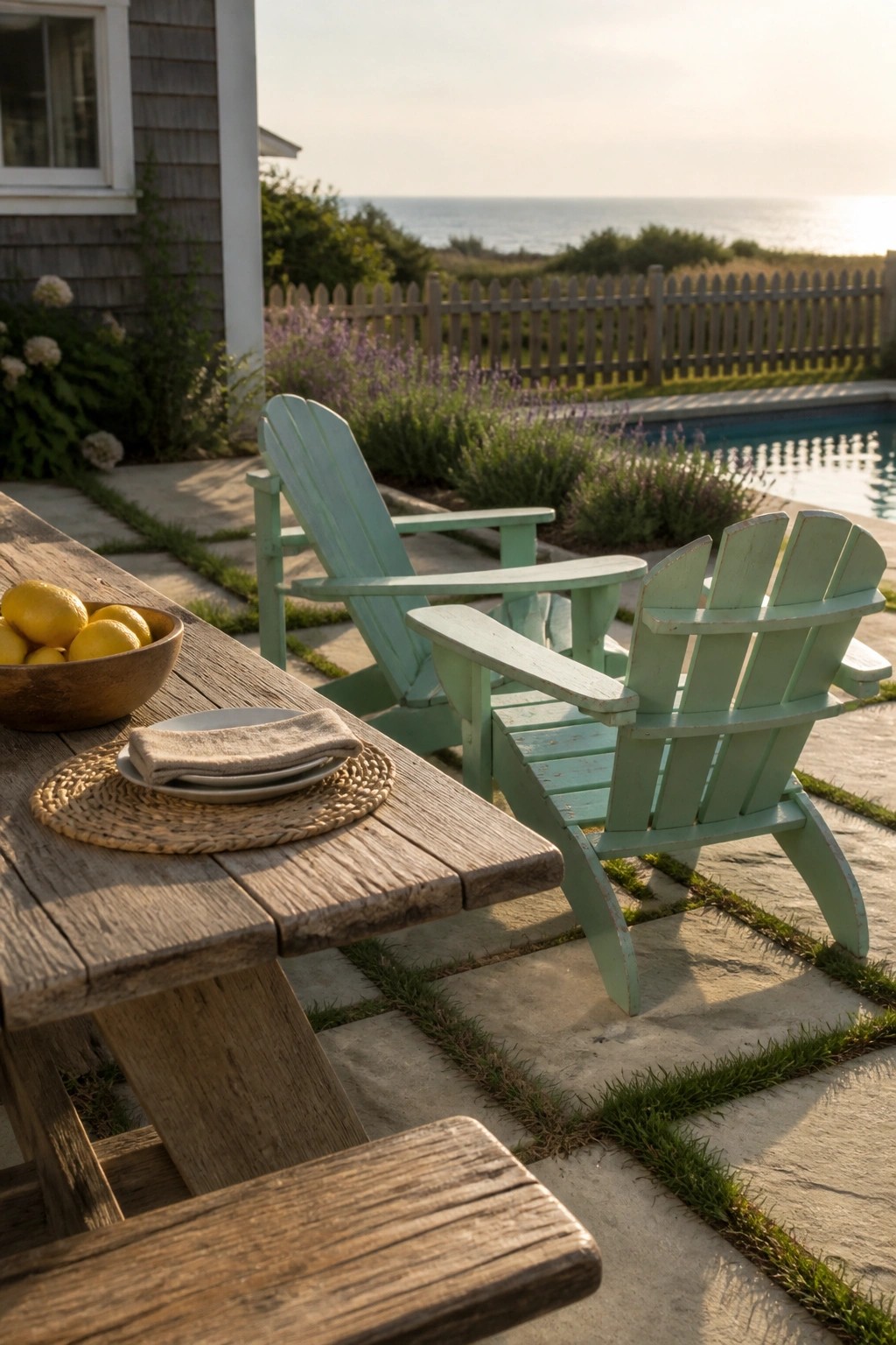 Wooden table with lemons beside green Adirondack chairs on oceanfront stone patio at sunset