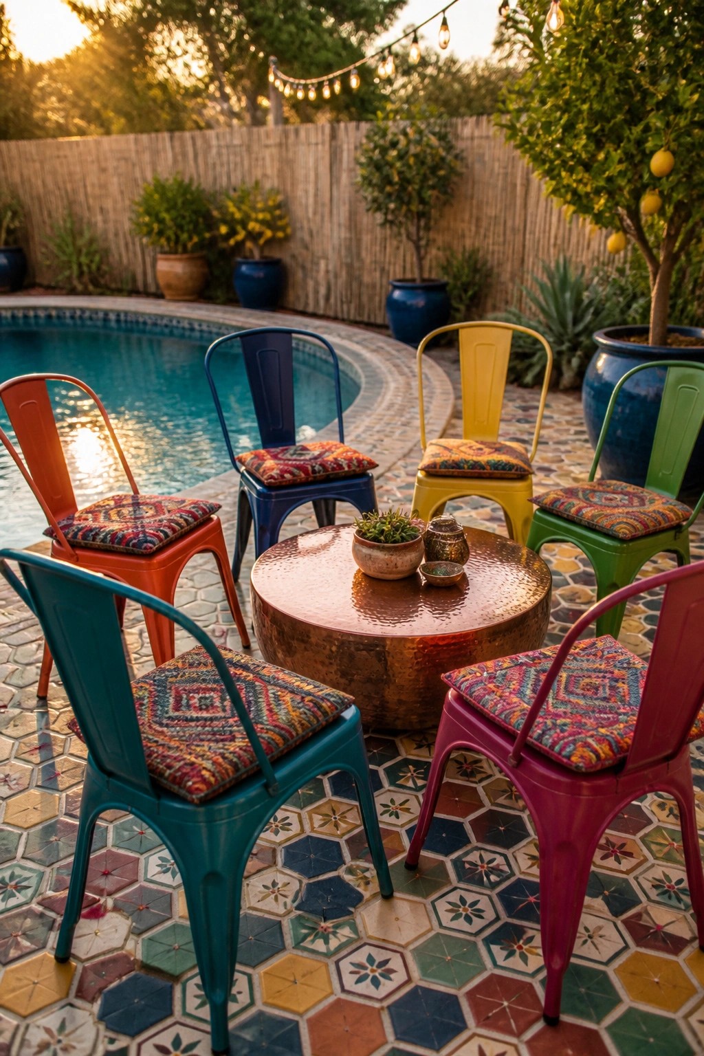 Colorful metal chairs encircle hammered copper table on tiled patio by pool
