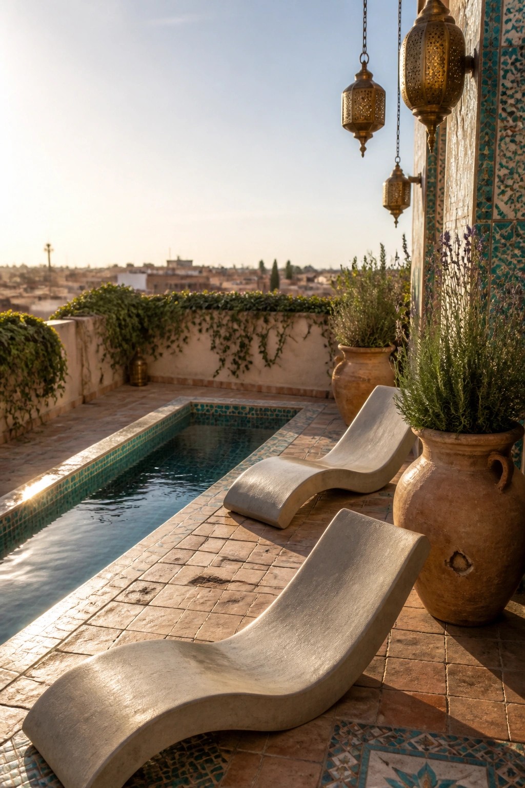Two curved concrete lounge chairs sit on a tiled patio beside a small rectangular pool, with large terracotta pots and hanging metal lanterns nearby.