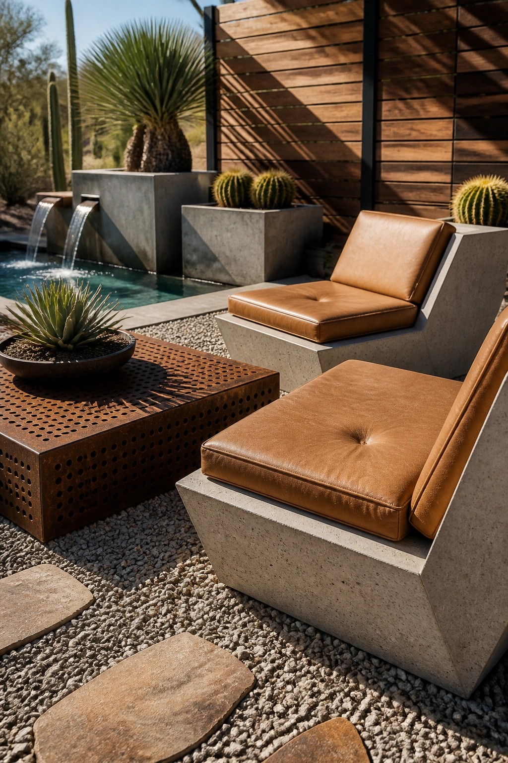 Outdoor poolside seating area with two low concrete lounge chairs topped with brown leather cushions, a perforated metal table, and surrounding desert plants near a pool.
